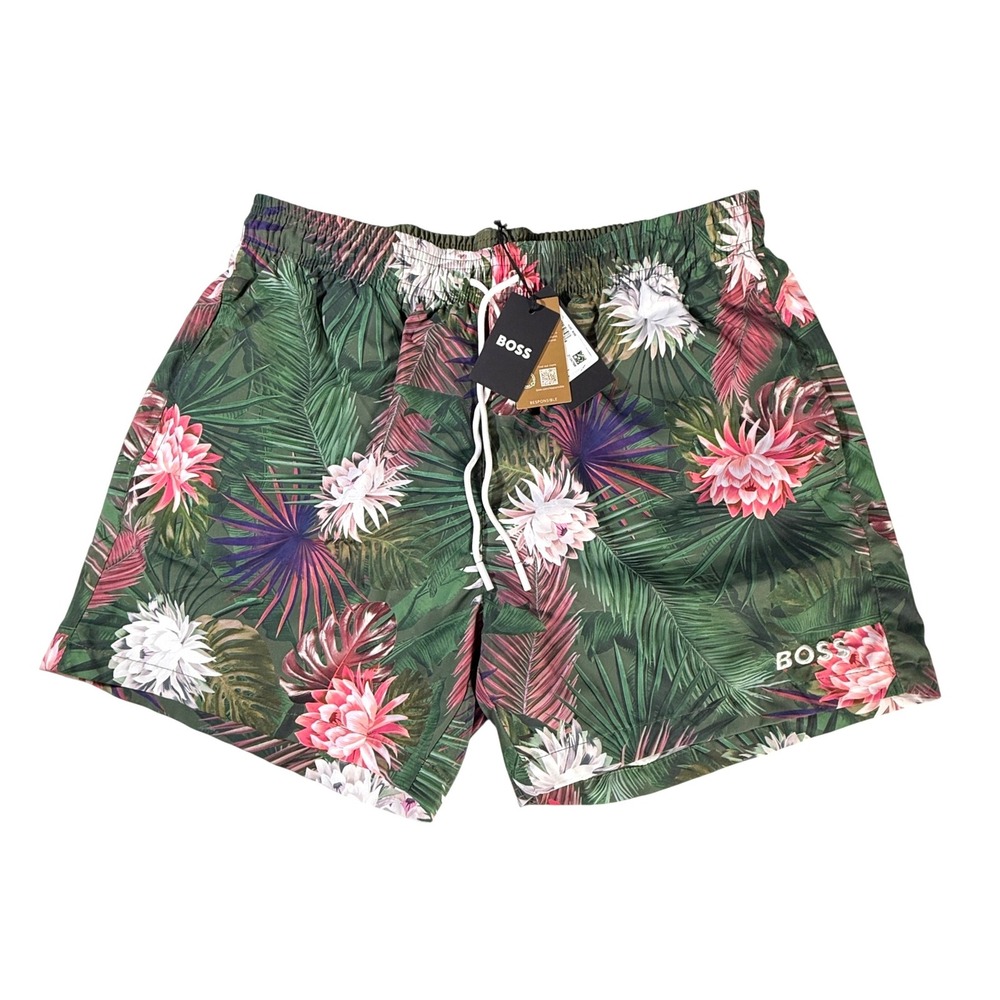 BOSS Men's Tropical‎ Floral Swim Trunks Shorts Green Pink White Size L